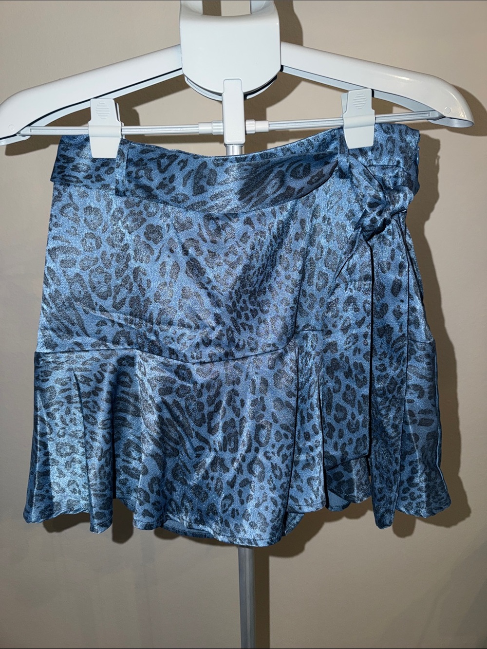 glam Blue Leopard Print Satin Skort with Side Tie
